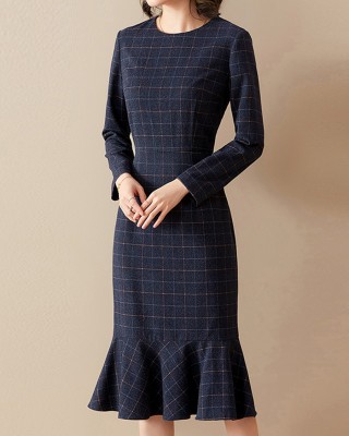 blue plaid dress  HE1004-03-04