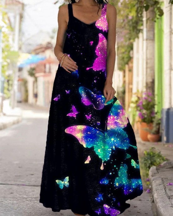 Fashionable women's black butterfly printed long dress with long sleeves HF2313-02-03