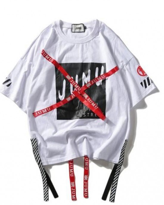 Long woven warning line graffiti printed T-shirt HF3101-02-03